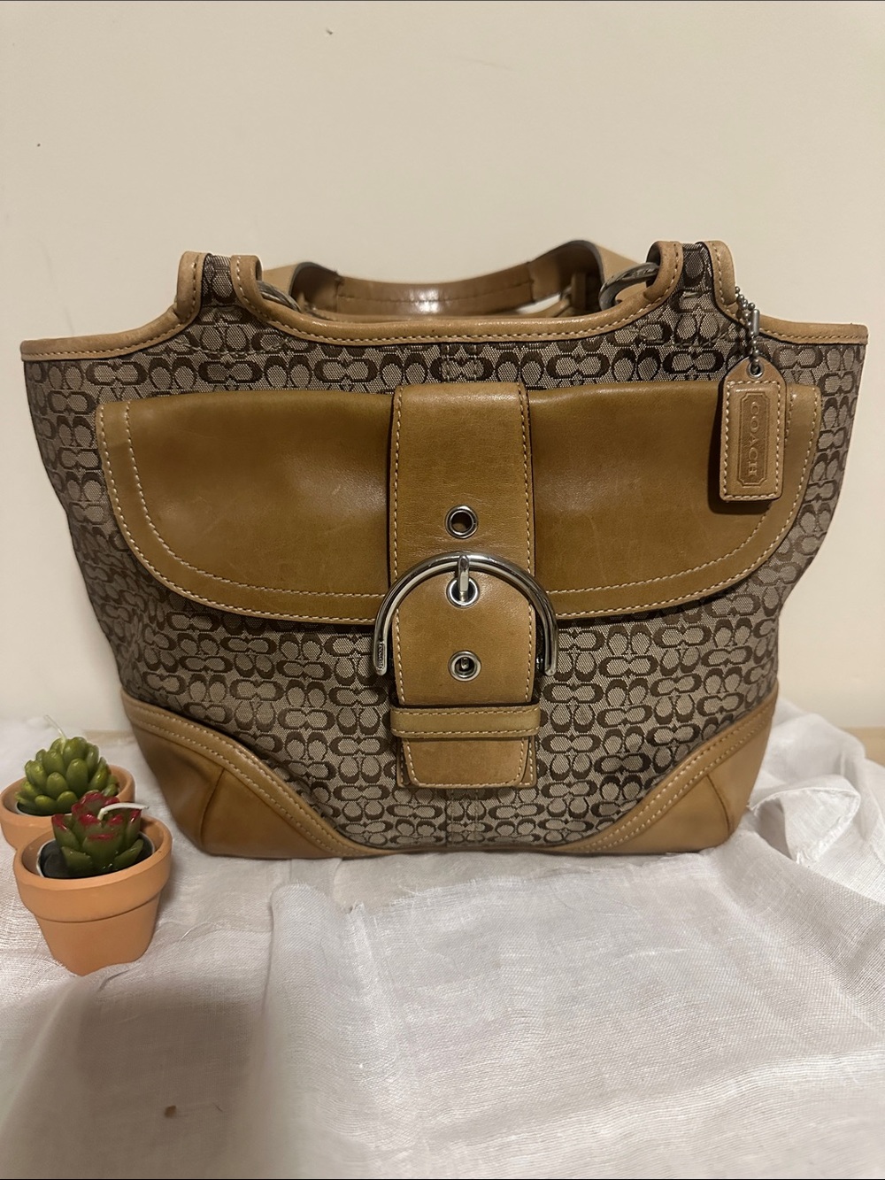 Coach Soho Signature Canvas Tote with Leather Trim & Coach Bag Charm
